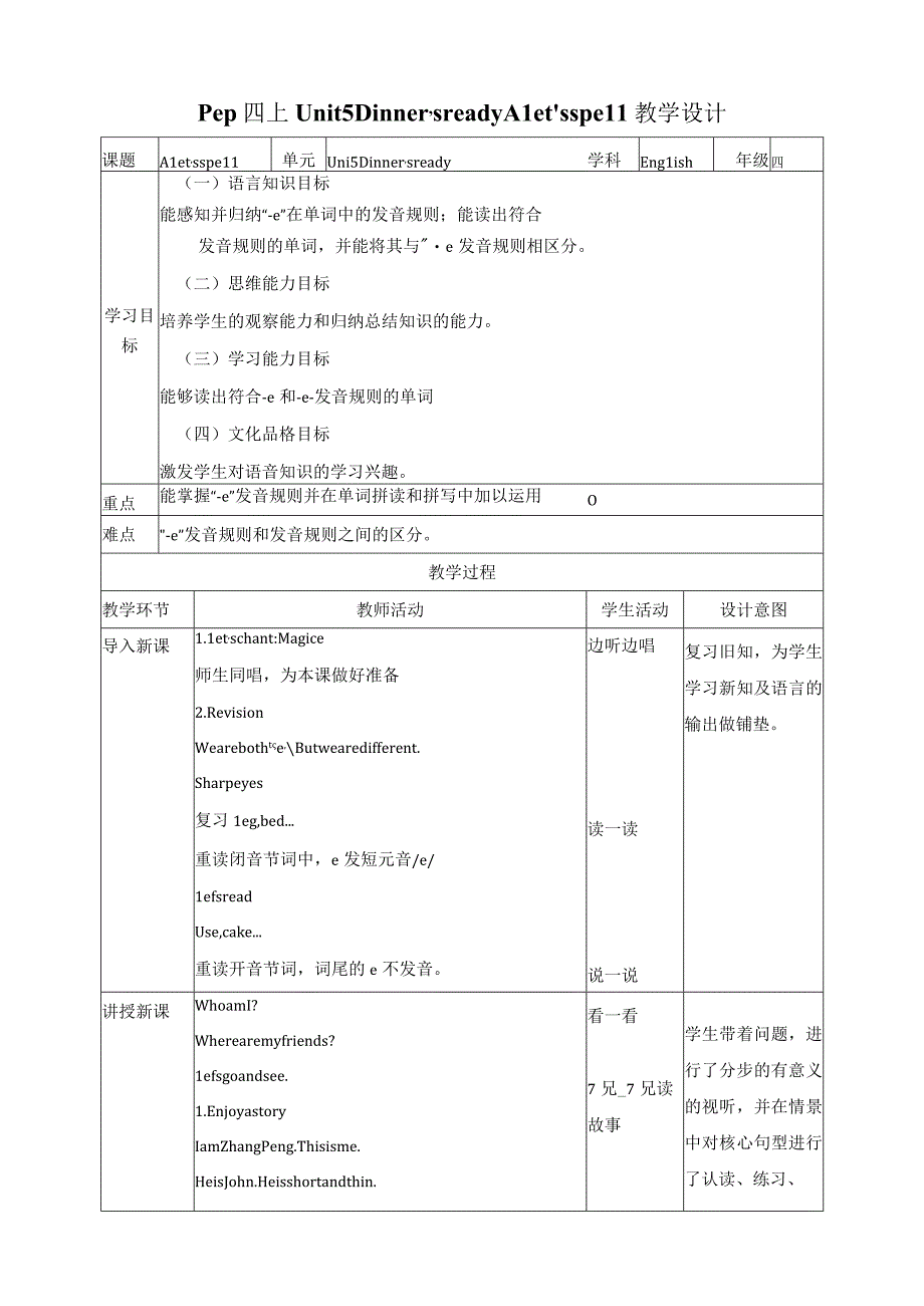 人教PEP四年级上册Unit5 Dinner's ready A let's spell教案.docx_第1页