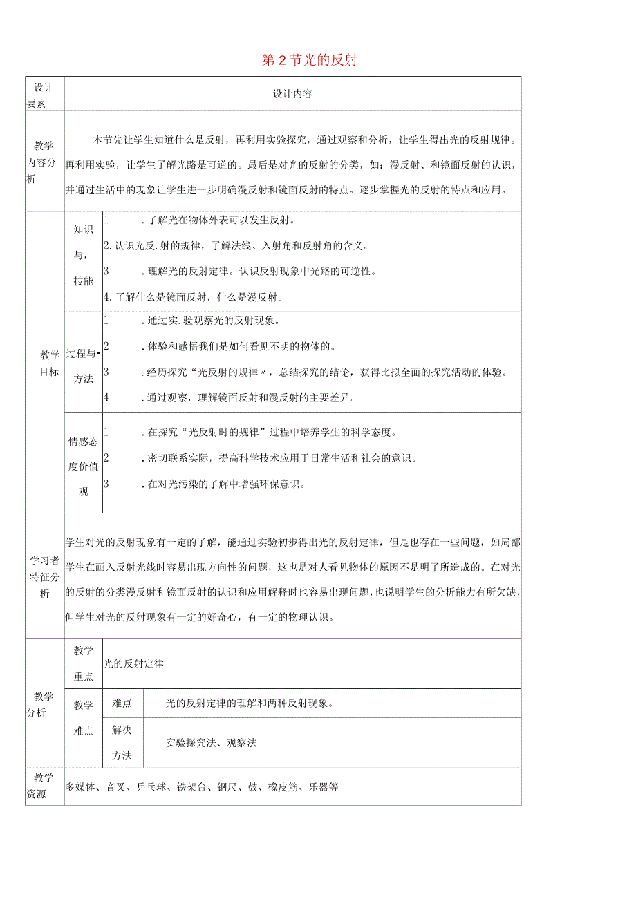 人教版八年级上册第四章光现象第2节光的反射教案 2.docx_第1页