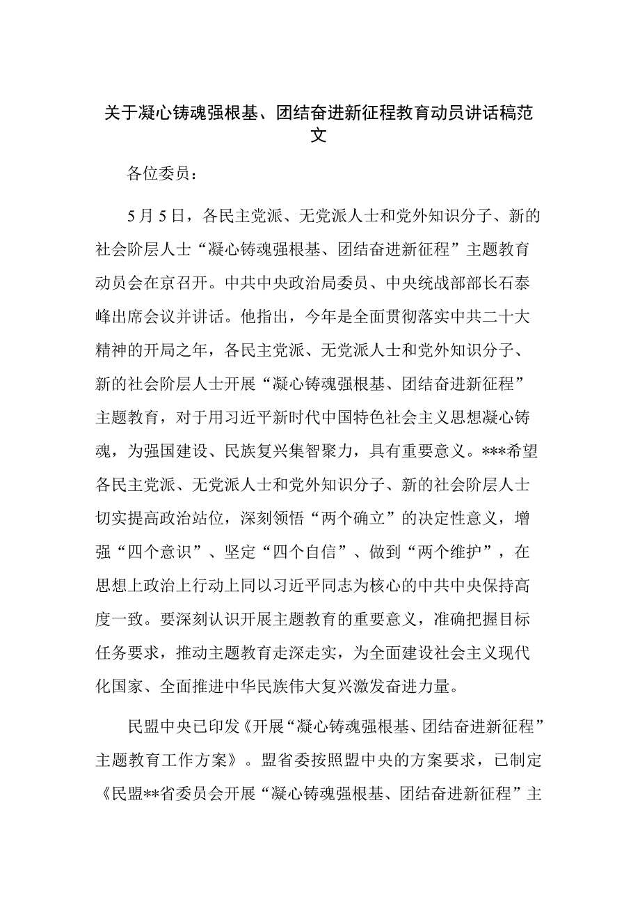 关于凝心铸魂强根基团结奋进新征程教育动员讲话稿范文.docx_第1页