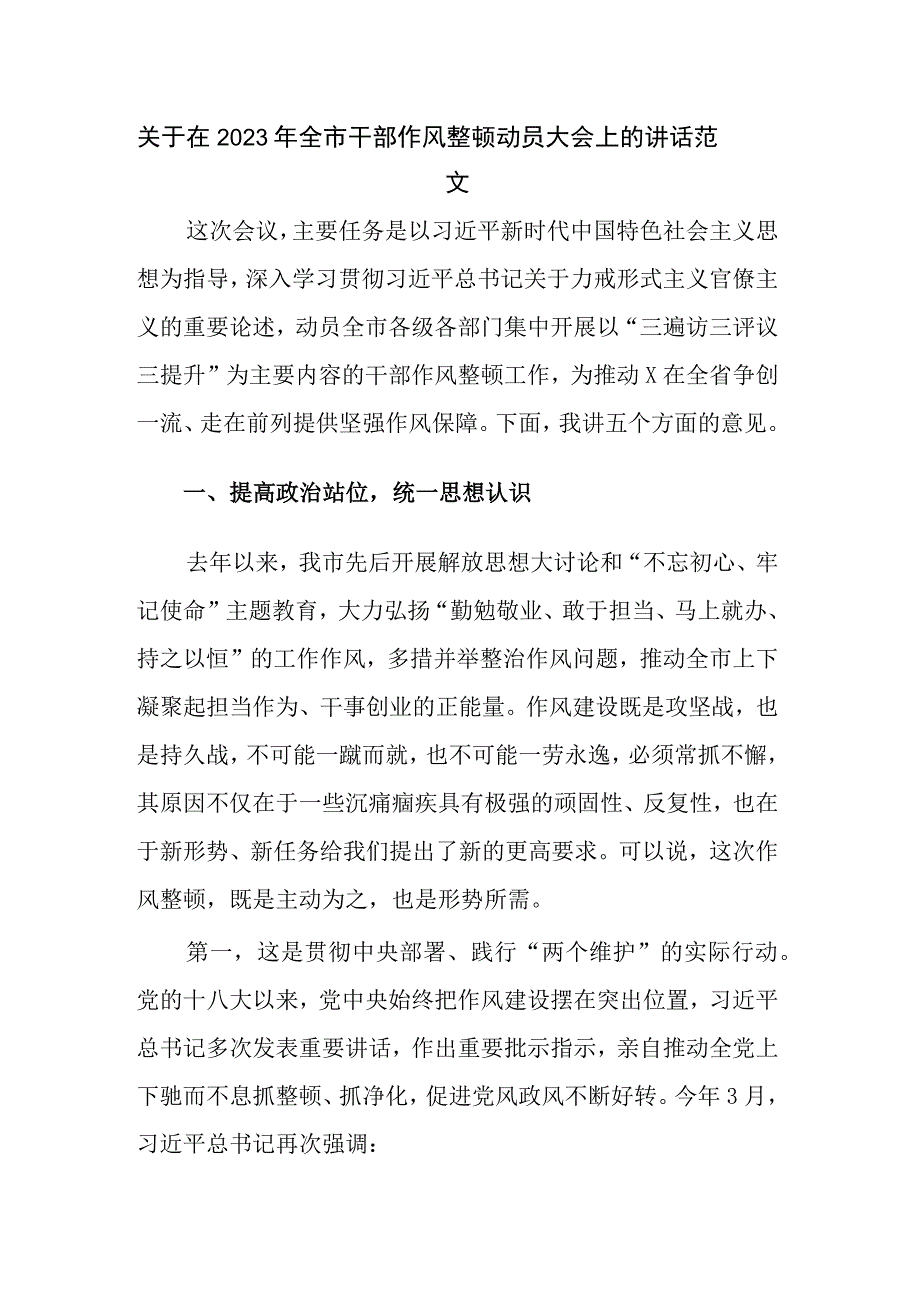 关于在2023年全市干部作风整顿动员大会上的讲话范文.docx_第1页