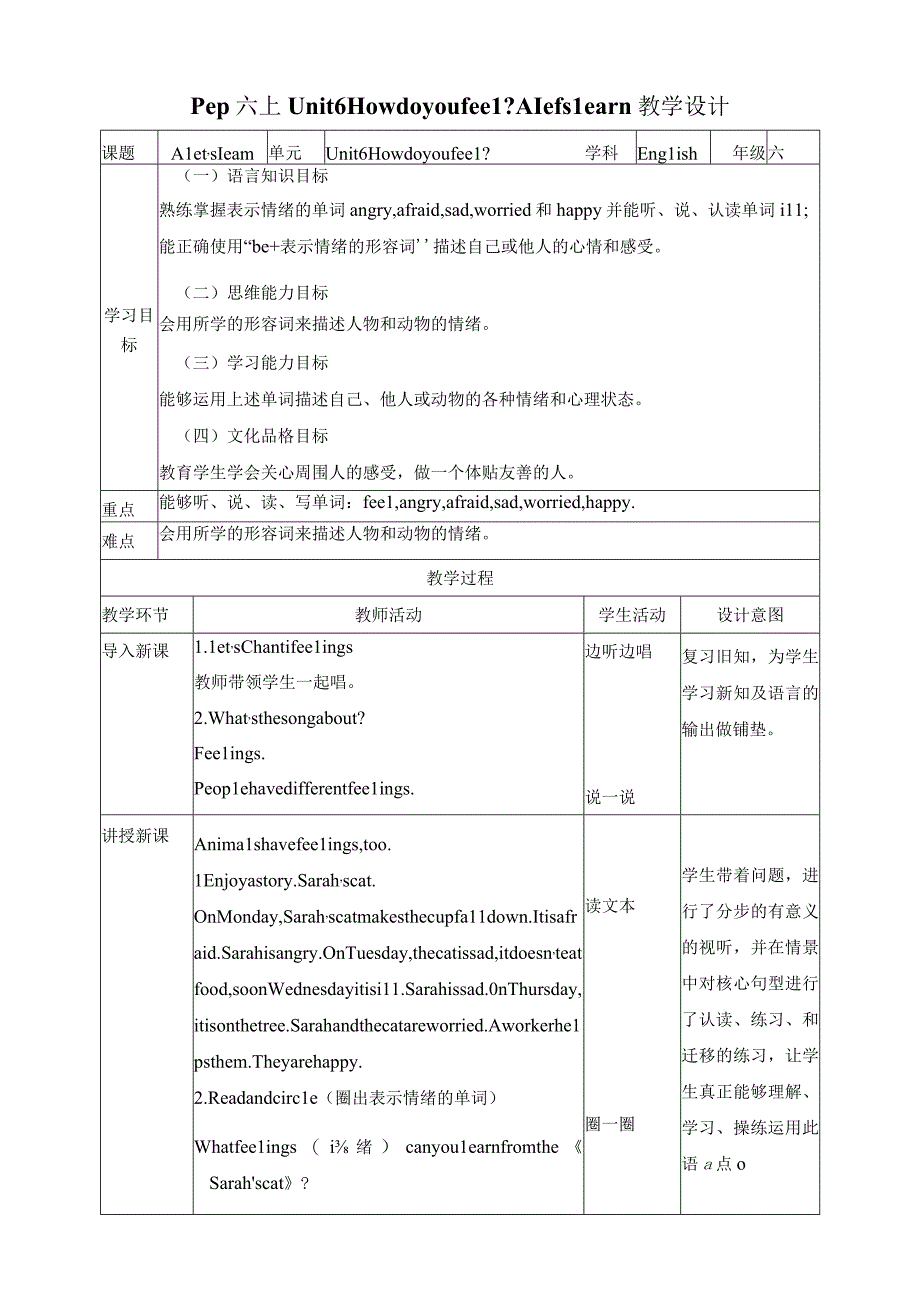 人教PEP六年级上册Unit6 How do you feel A let's learn教案.docx_第1页