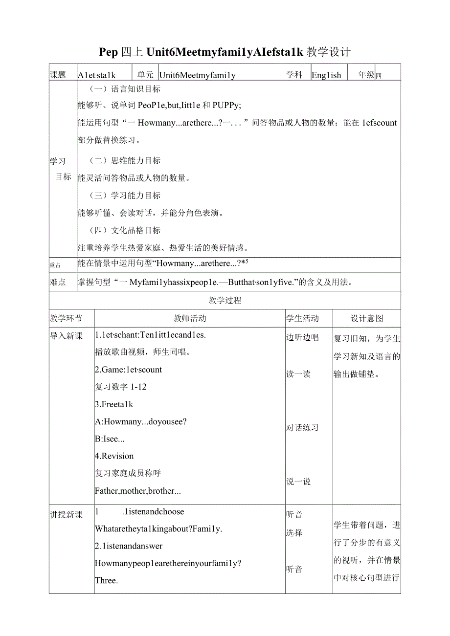 人教PEP四年级上册Unit6 Meet my family A let's talk教案.docx_第1页