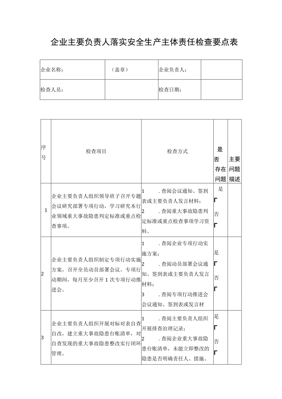 企业主要负责人落实安全生产主体责任检查要点表.docx_第1页