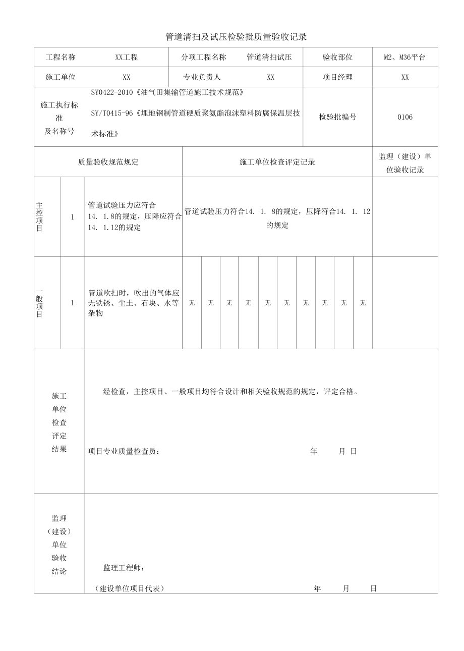 管道清扫及试压检验批质量验收记录.docx_第1页