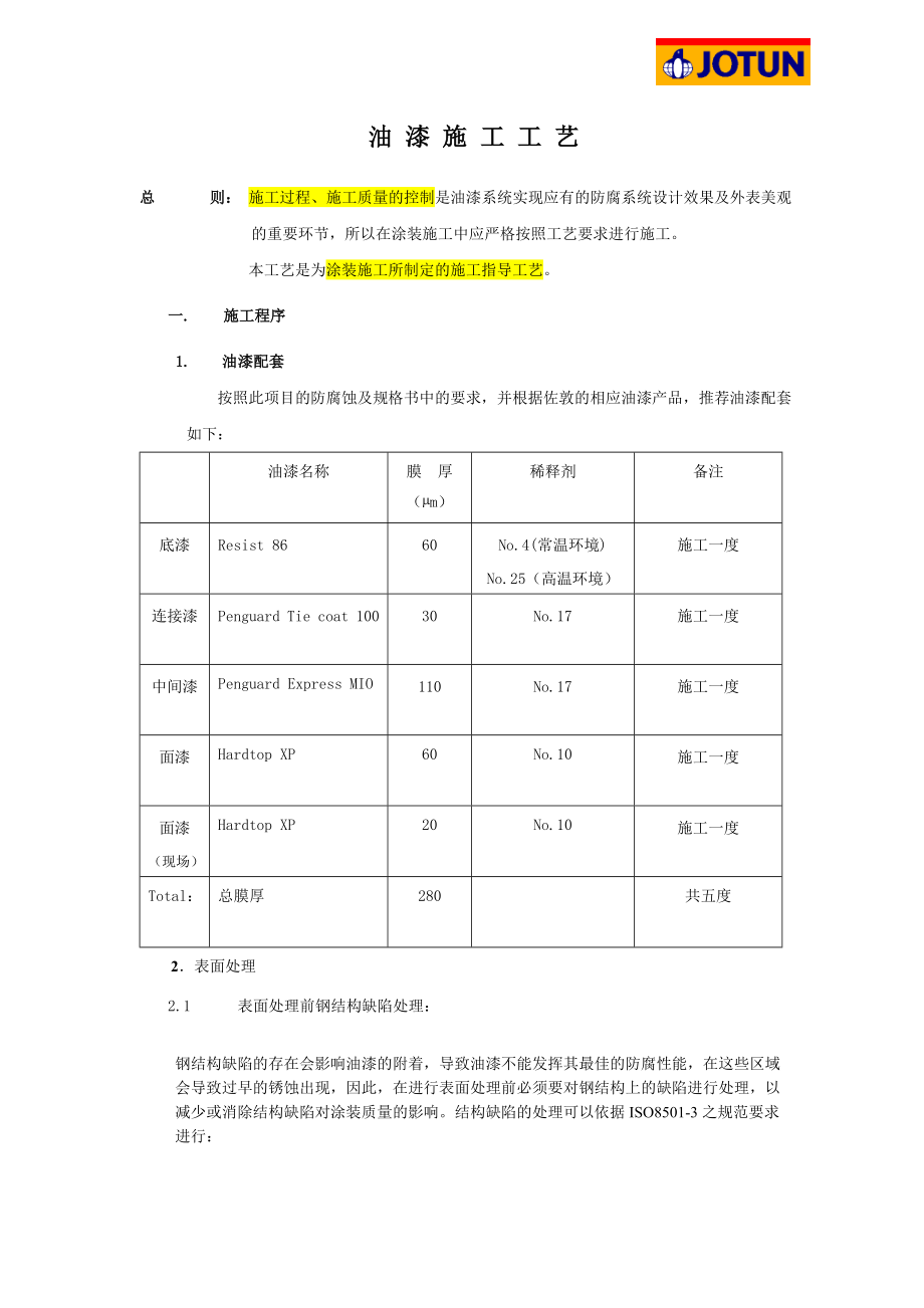 郑州九冶锅炉钢结构项目油漆施工指导工艺（JOTUN）.doc_第2页