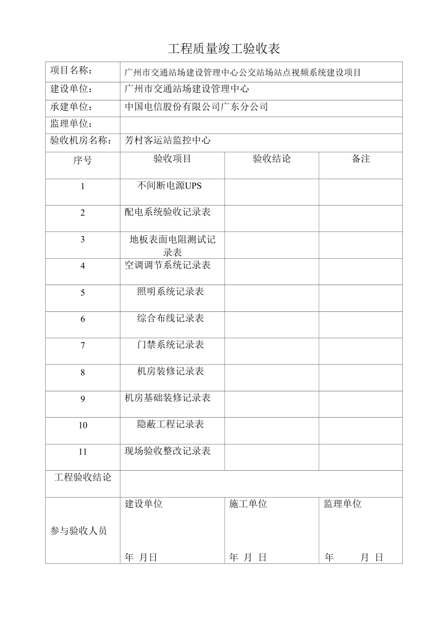 项目技术管理资料模板-工程质量竣工验收表.docx_第1页