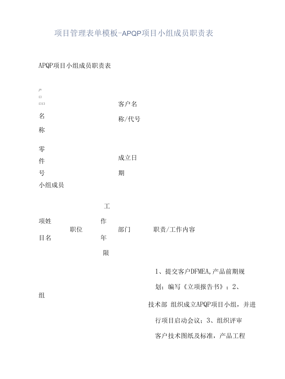 项目管理表单模板-APQP项目小组成员职责表.docx_第1页