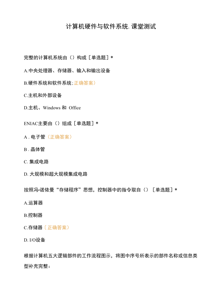 计算机硬件与软件系统-课堂测试.docx_第1页