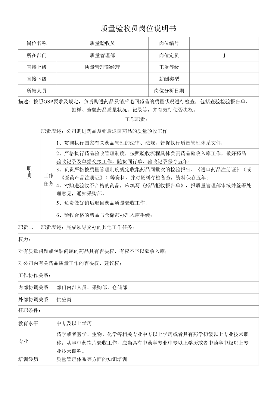 质量验收员岗位说明书.docx_第1页