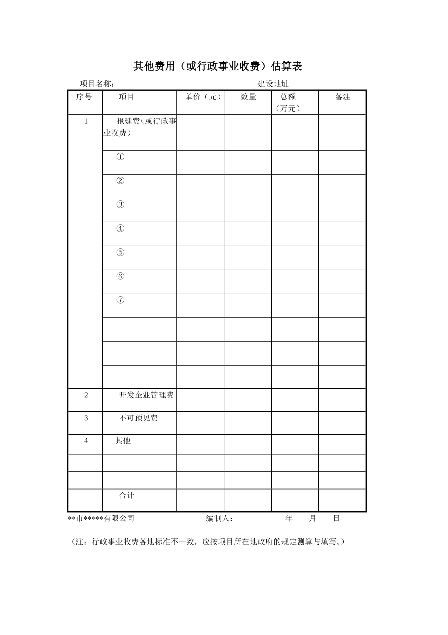 房地产开发建设管理-其他费用(或行政事业收费)估算表.doc_第1页