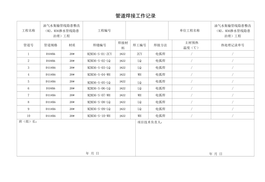 管道焊接工作记录表模板.docx_第1页