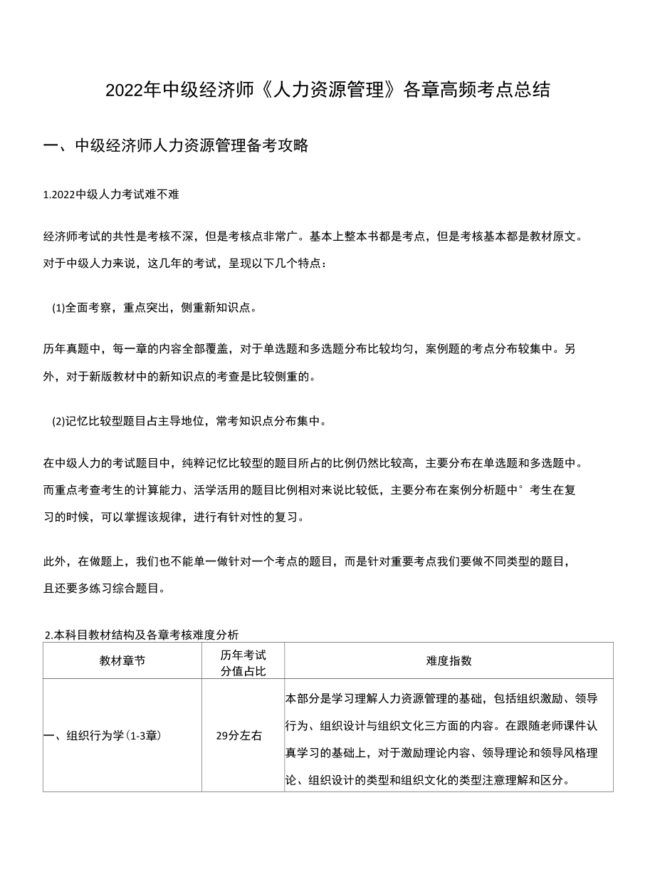 2022年中级经济师《人力资源管理》各章高频考点总结.docx_第1页