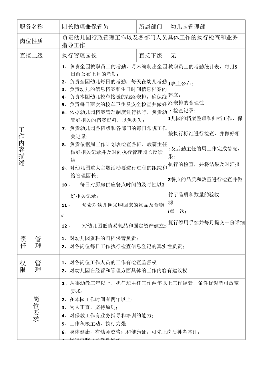 2、园长助理兼保管员岗位说明书.docx_第1页