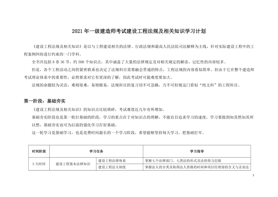 2021年一级建造师考试建设工程法规及相关知识学习计划.doc_第1页