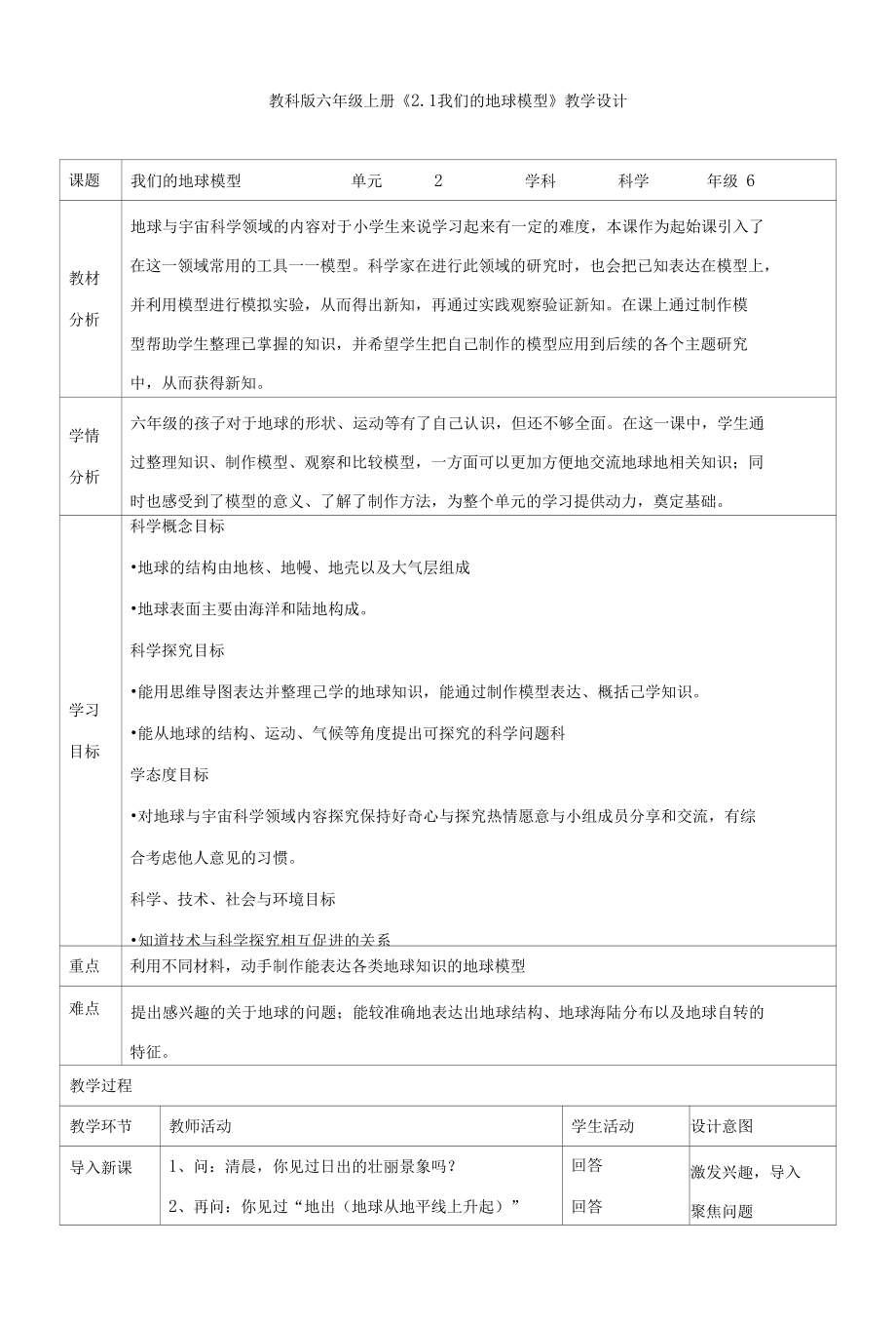 教科版小学科学《2.1我们的地球模型》教学设计.docx_第1页