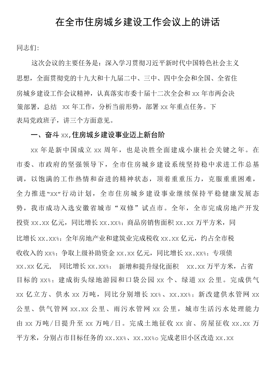 在全市住房城乡建设工作会议上的讲话.docx_第1页