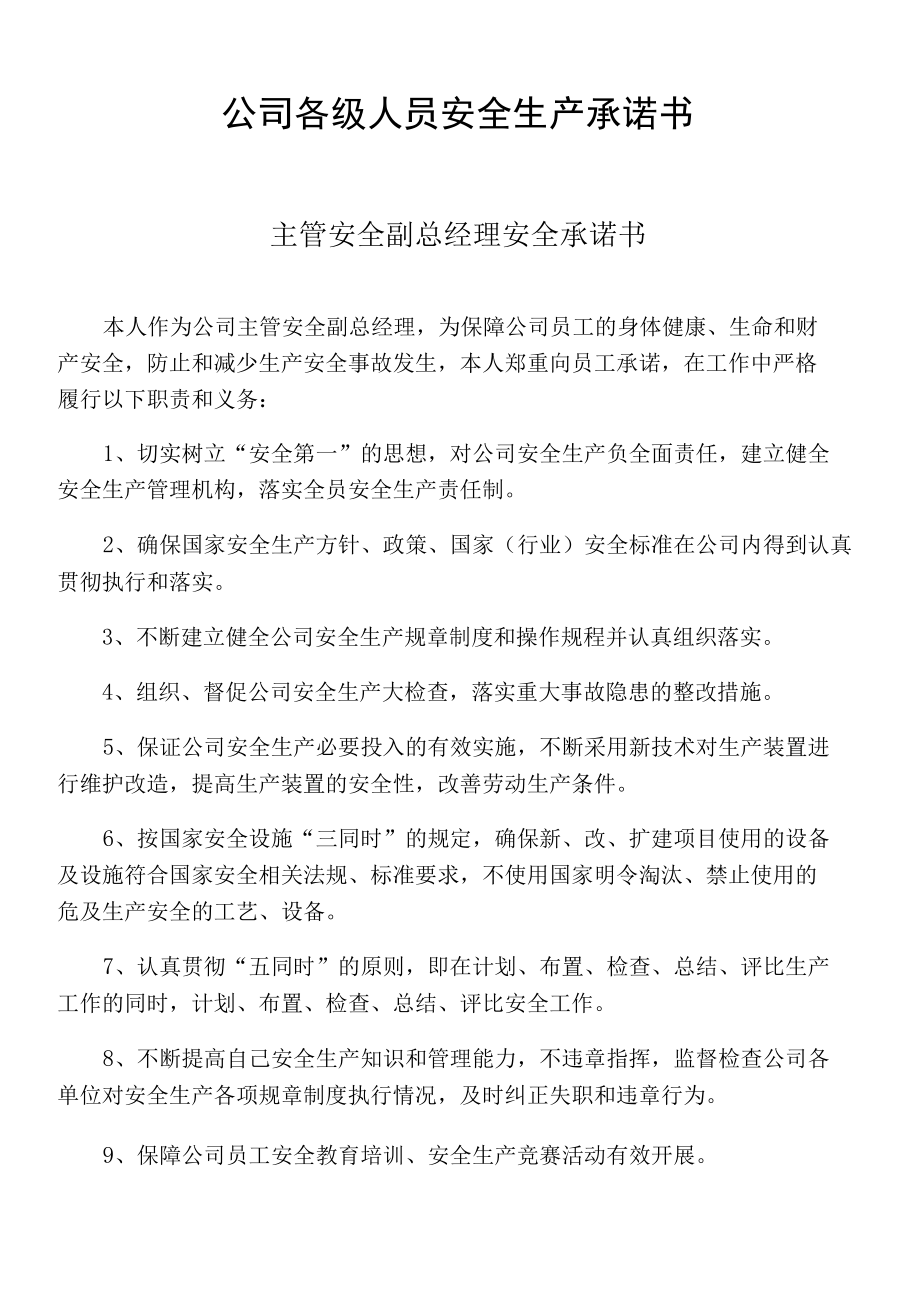 公司各级人员安全生产承诺书（10页）.docx_第1页