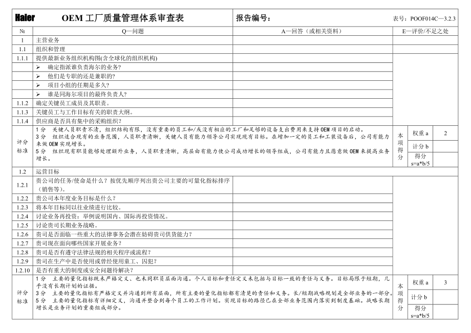 OEM工厂质量管理体系审查表.doc_第1页