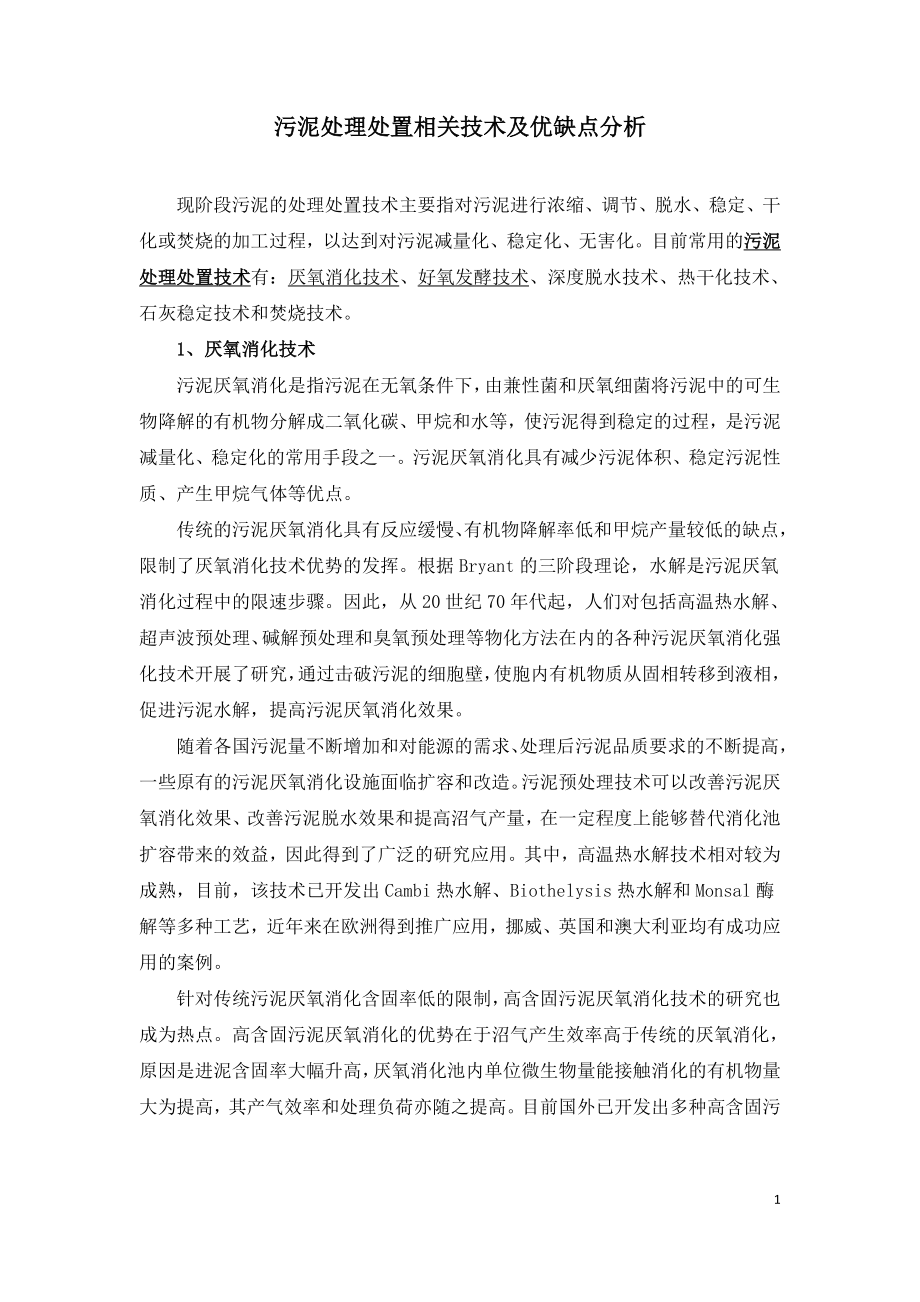 污泥处理处置相关技术及优缺点分析.doc_第1页