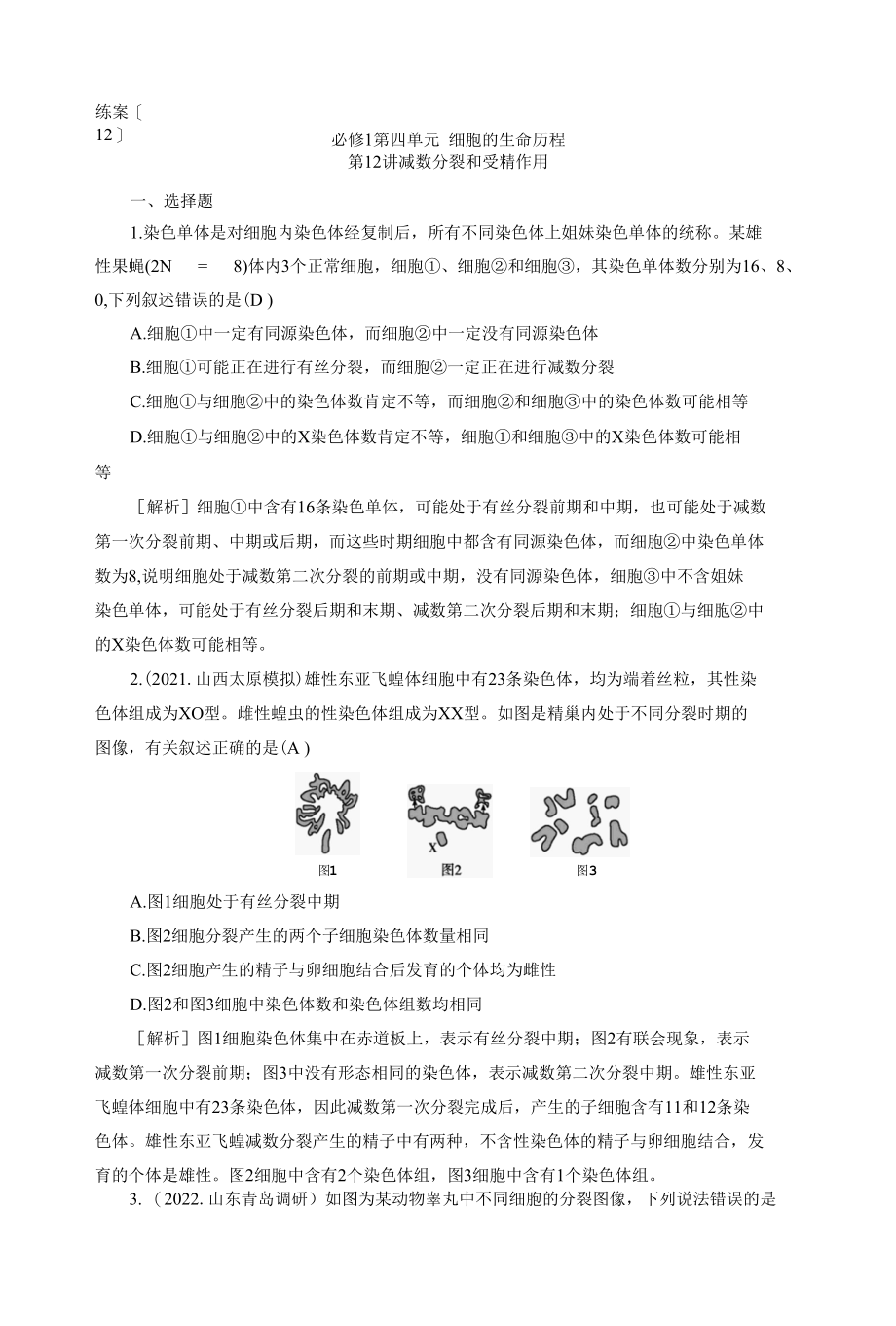 2023届一轮复习人教版减数分裂和受精作用作业.docx_第1页