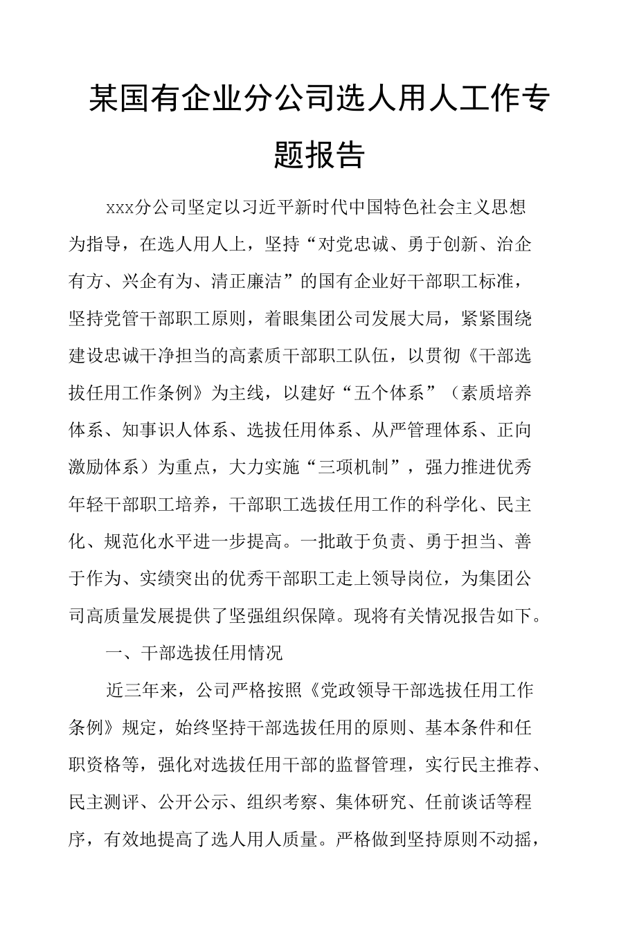 某国有企业分公司选人用人工作专题报告.docx_第1页