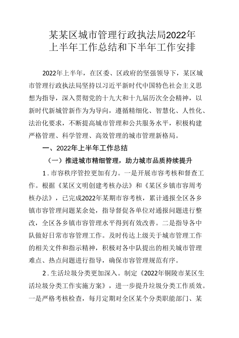 某某区城市管理行政执法局2022年上半年工作总结和下半年工作安排.docx_第1页