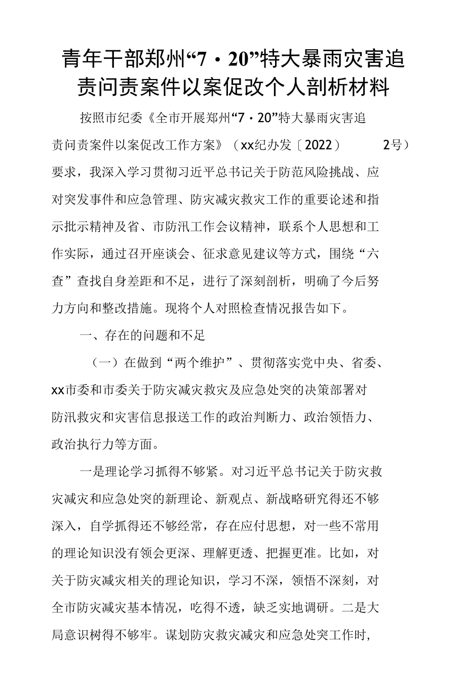 青年干部郑州“7.20”特大暴雨灾害追责问责案件以案促改个人剖析材料.docx_第1页