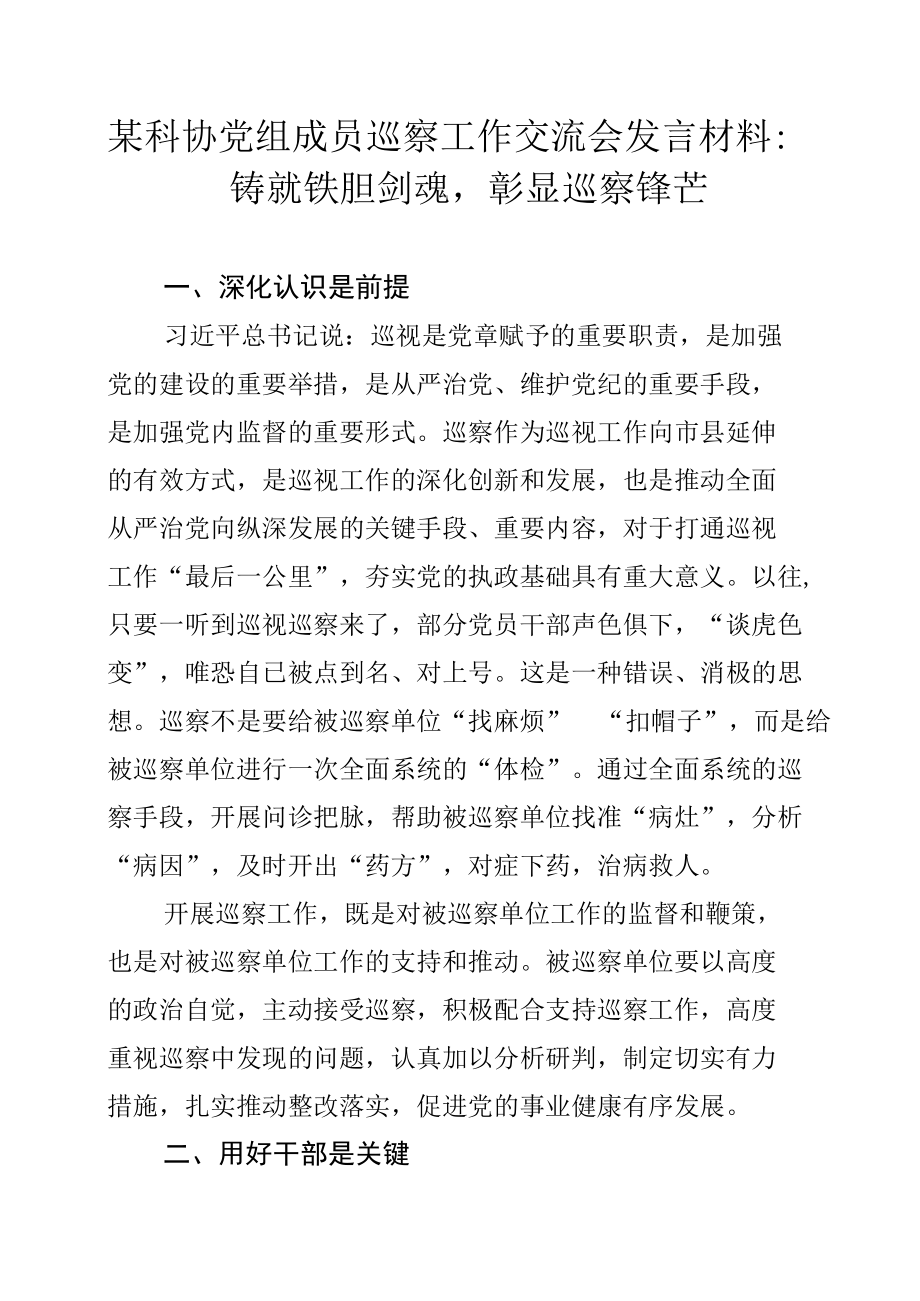 某某科协党组成员巡察工作交流会发言材料：铸就铁胆剑魂彰显巡察锋芒.docx_第1页