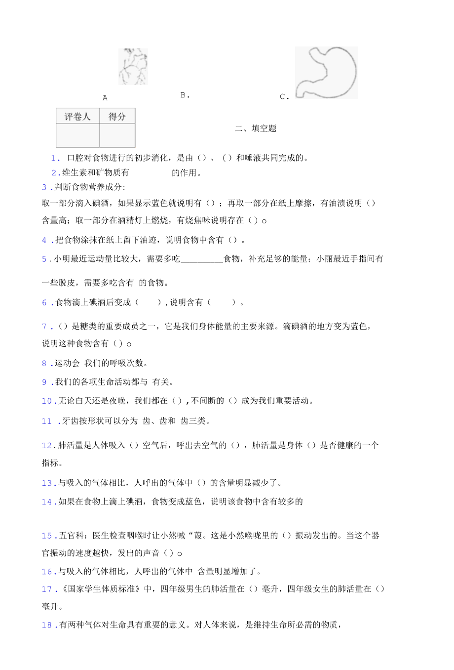 2022四年级上册科学《呼吸与消化》单元练习.docx_第3页