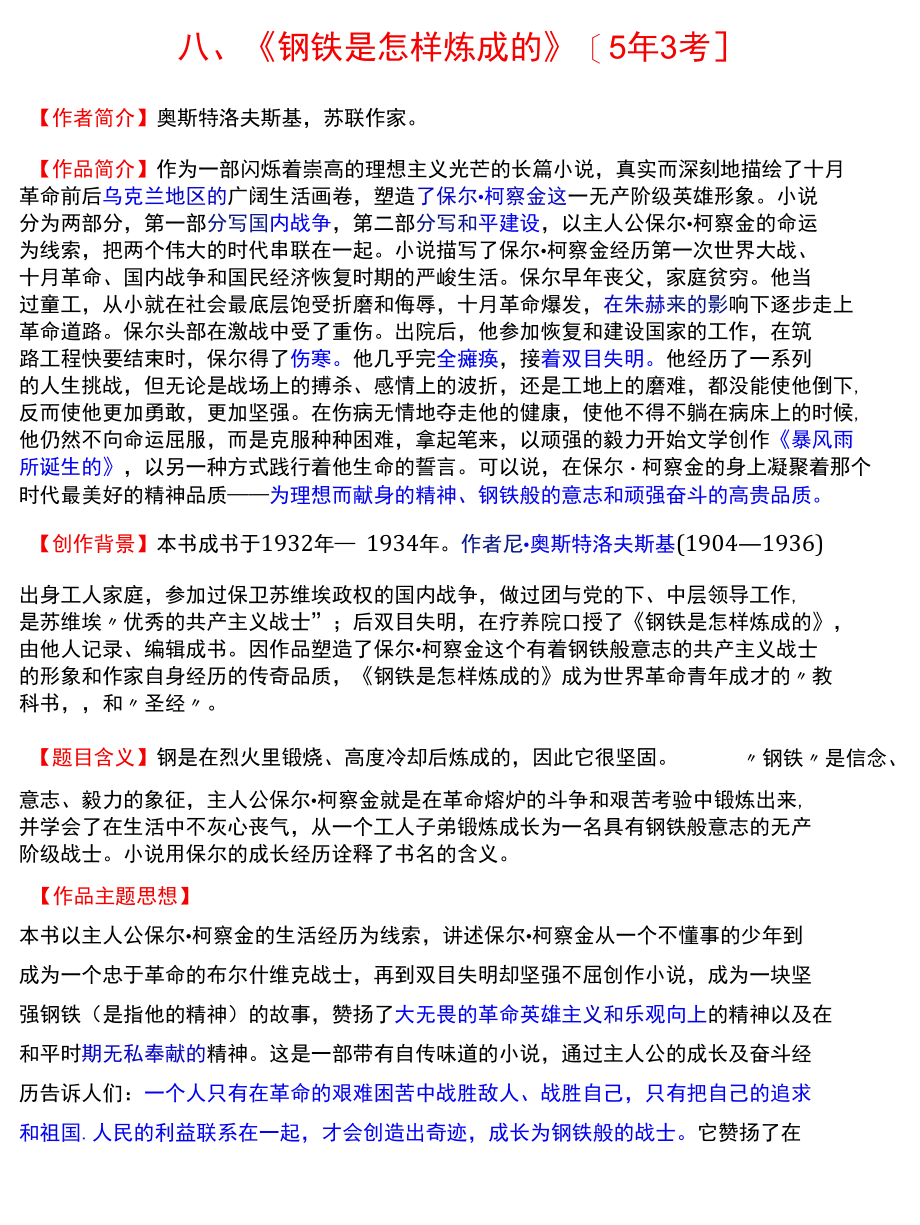 《钢铁是怎样炼成的》知识点汇总、习题.docx_第1页