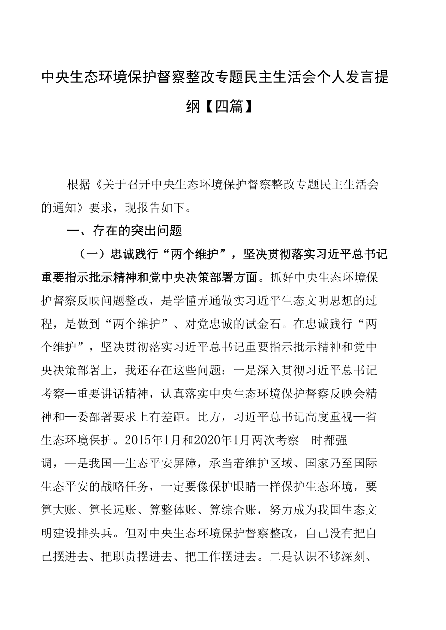 中央生态环境保护督察整改专题民主生活会个人发言提纲【四篇】.docx_第1页