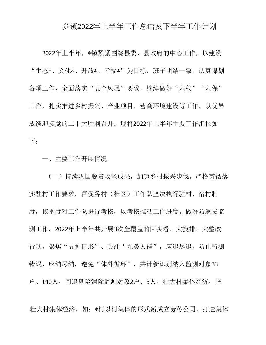 乡镇2022年上半年工作总结及下半年工作计划.docx_第1页