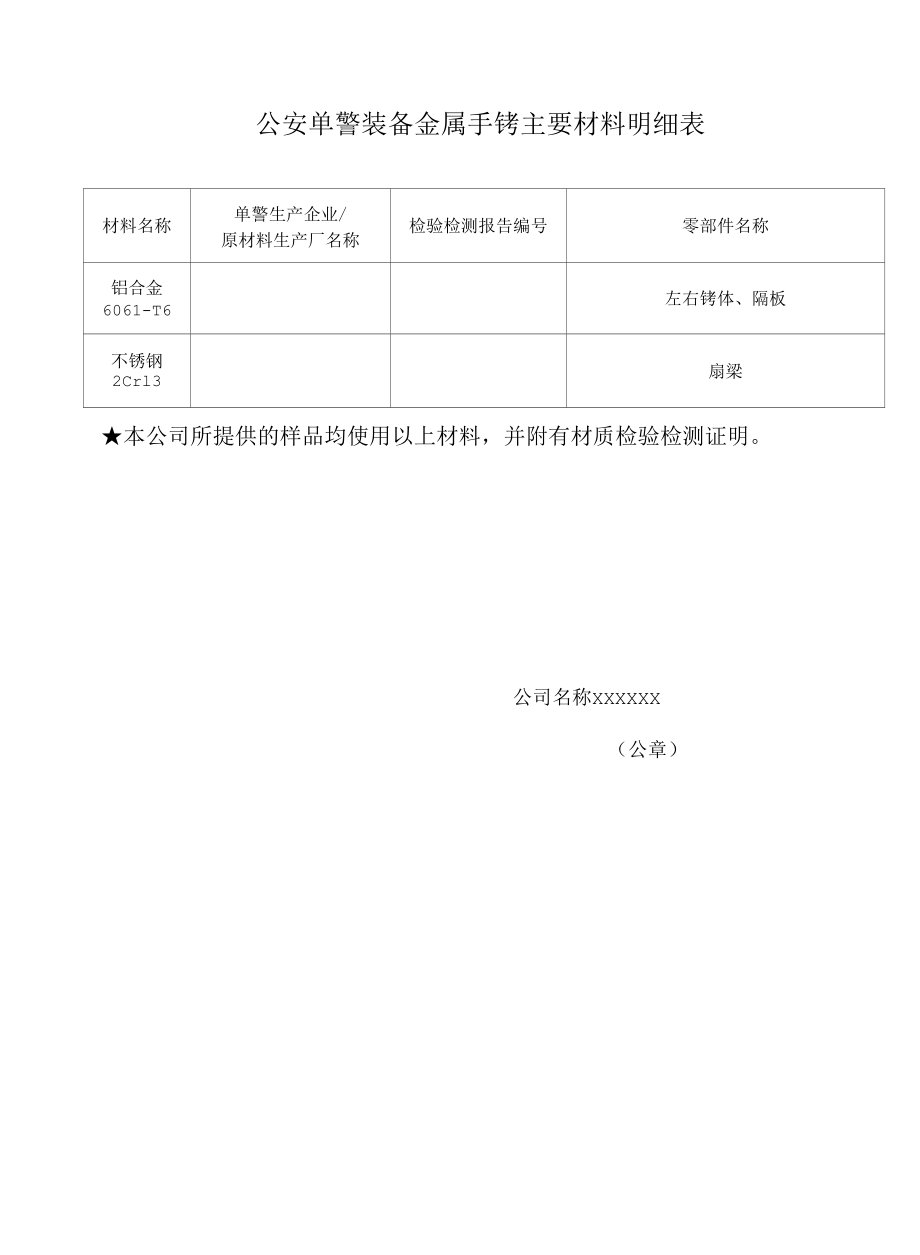 公安单警装备金属手铐主要材料明细表.docx_第1页