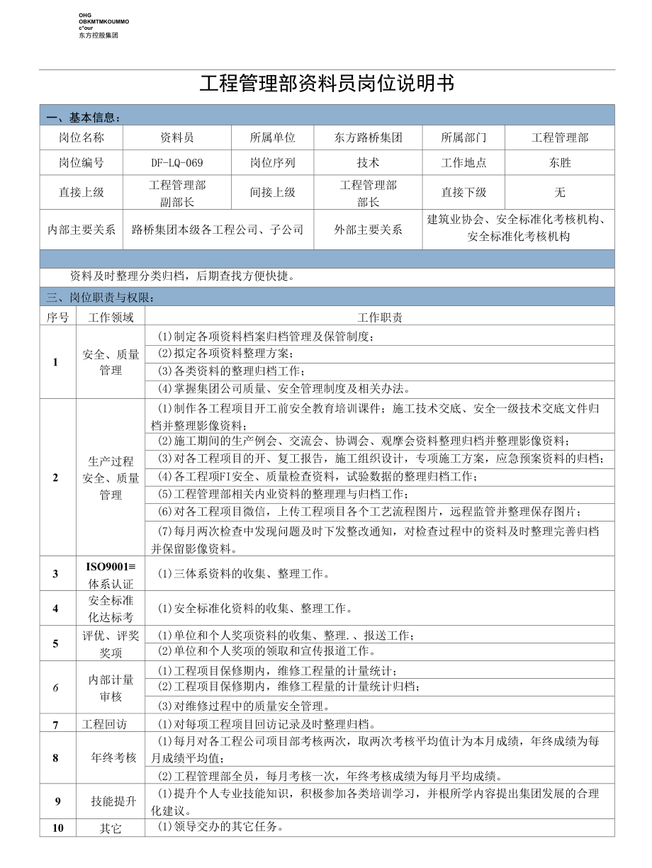 工程管理部资料员岗位说明书.docx_第1页