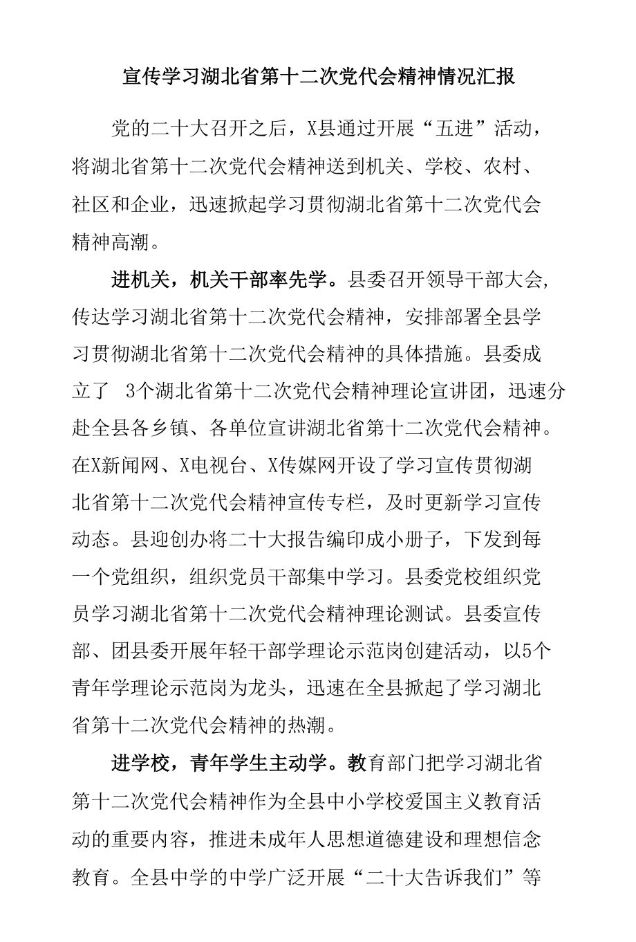 宣传学习湖北省第十二次党代会精神情况汇报.docx_第1页