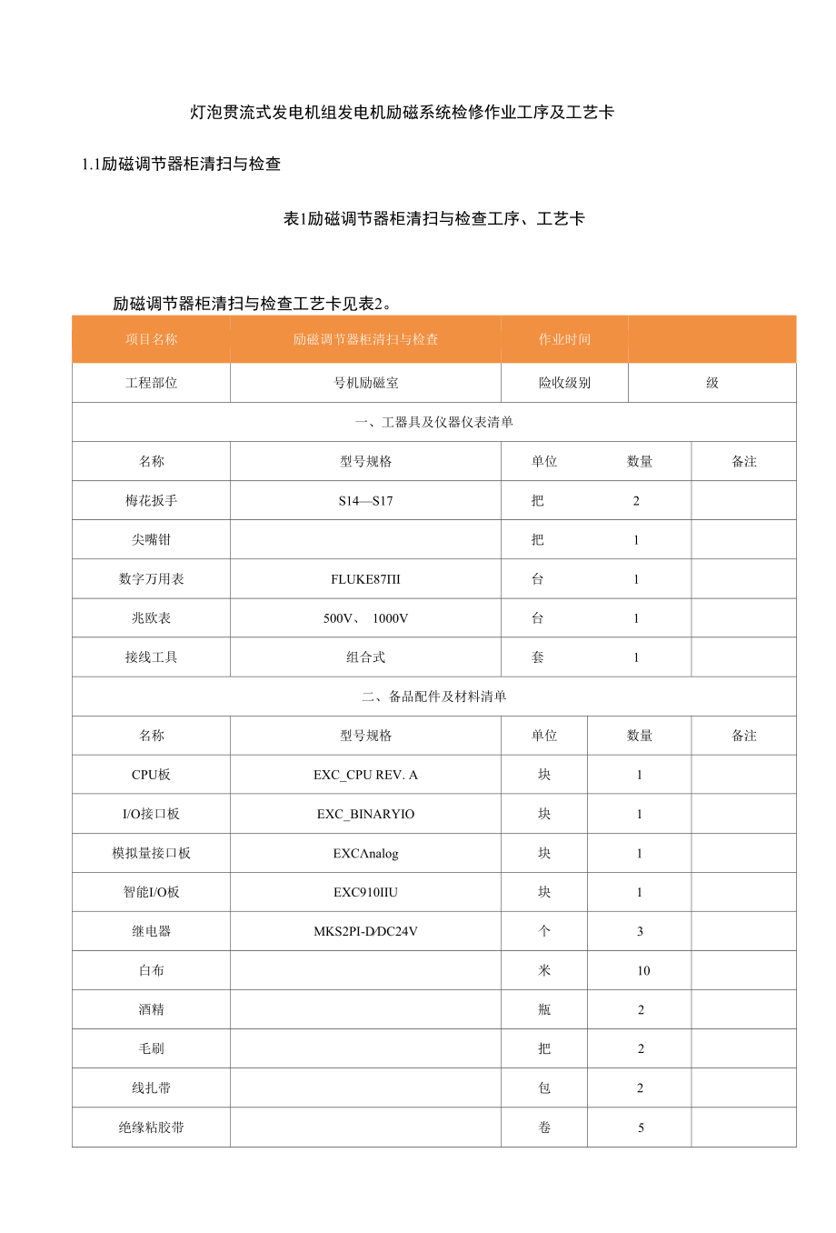 灯泡贯流式发电机组发电机励磁系统检修作业工序及工艺卡.docx_第1页