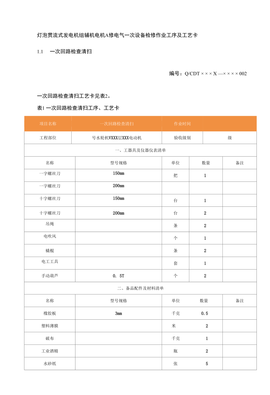 灯泡贯流式发电机组辅机电机A修电气一次设备检修作业工序及工艺卡.docx_第1页