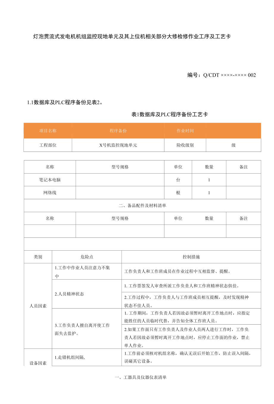 灯泡贯流式发电机机组监控现地单元及其上位机相关部分大修检修作业工序及工艺卡.docx_第1页