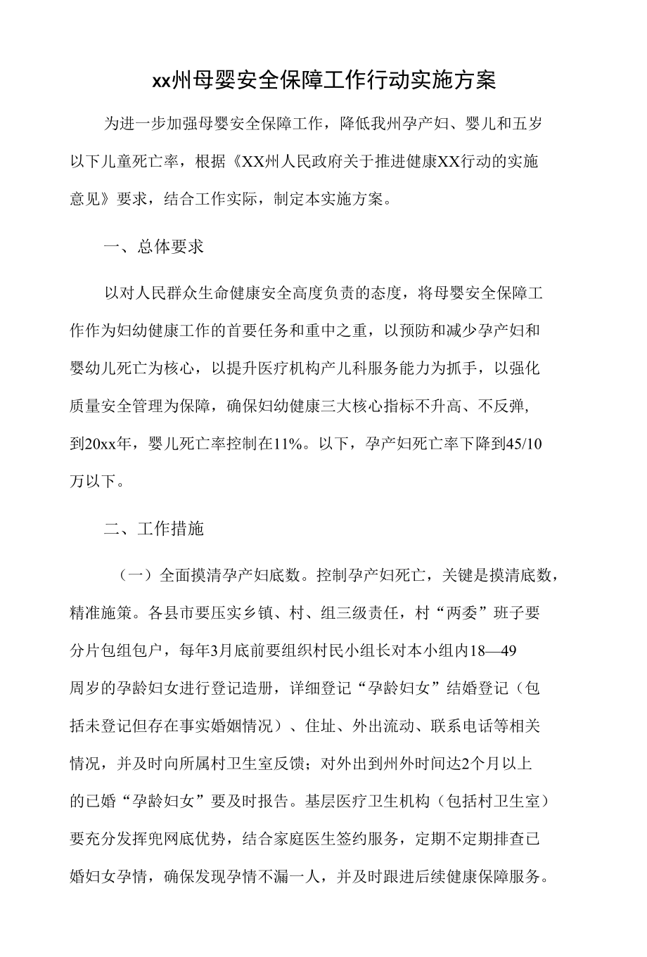 xx州母婴安全保障工作行动实施方案.docx_第1页