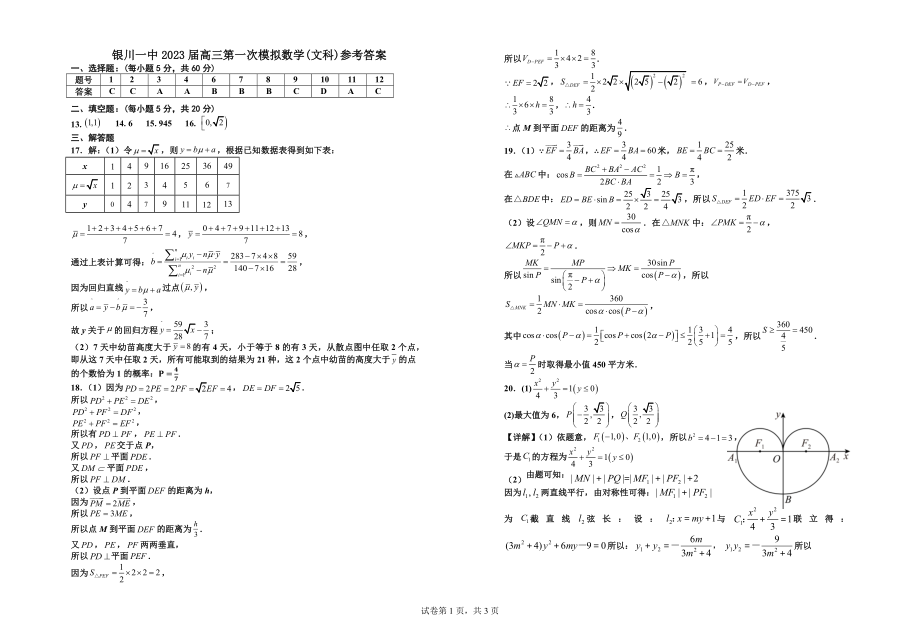 2023年银川一中一模-2023届一模数学(文科)参考答案.docx_第1页