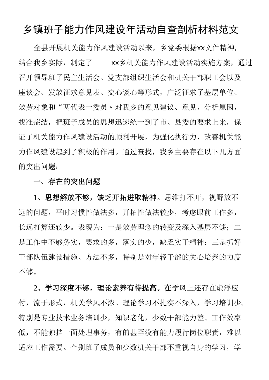 乡镇班子能力作风建设年活动自查剖析材料班子对照检查检视剖析材料发言提纲.docx_第1页