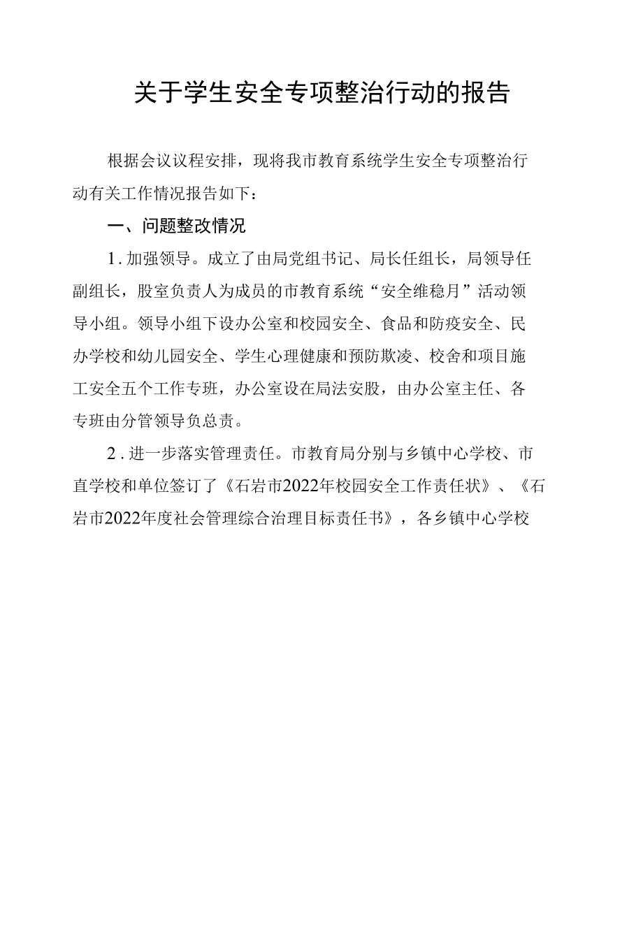 关于学生安全专项整治行动的报告.docx_第1页