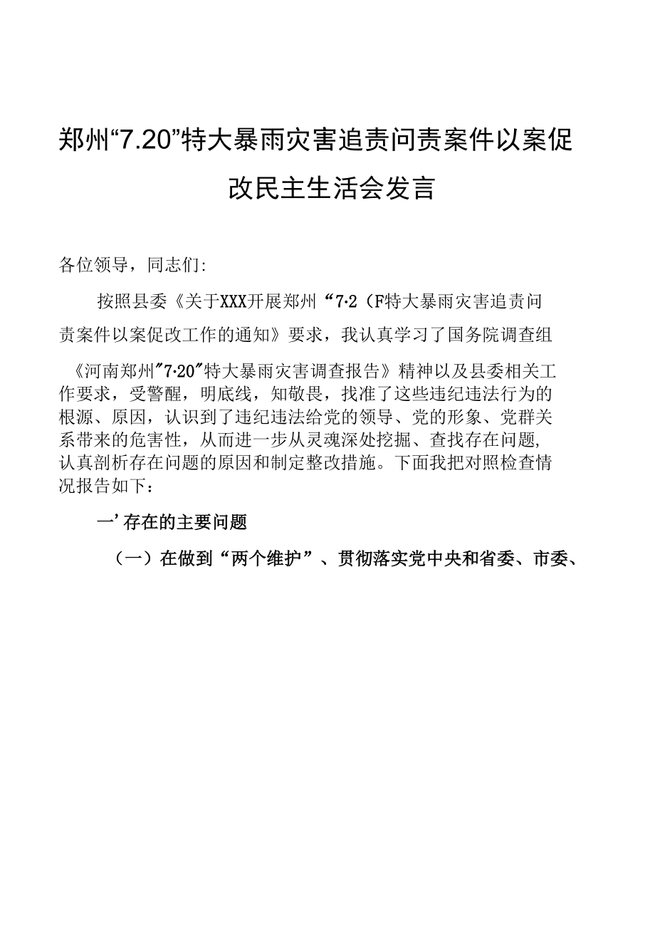 郑州7.20特大暴雨灾害追责问责案件以案促改民主生活会发言.docx_第1页