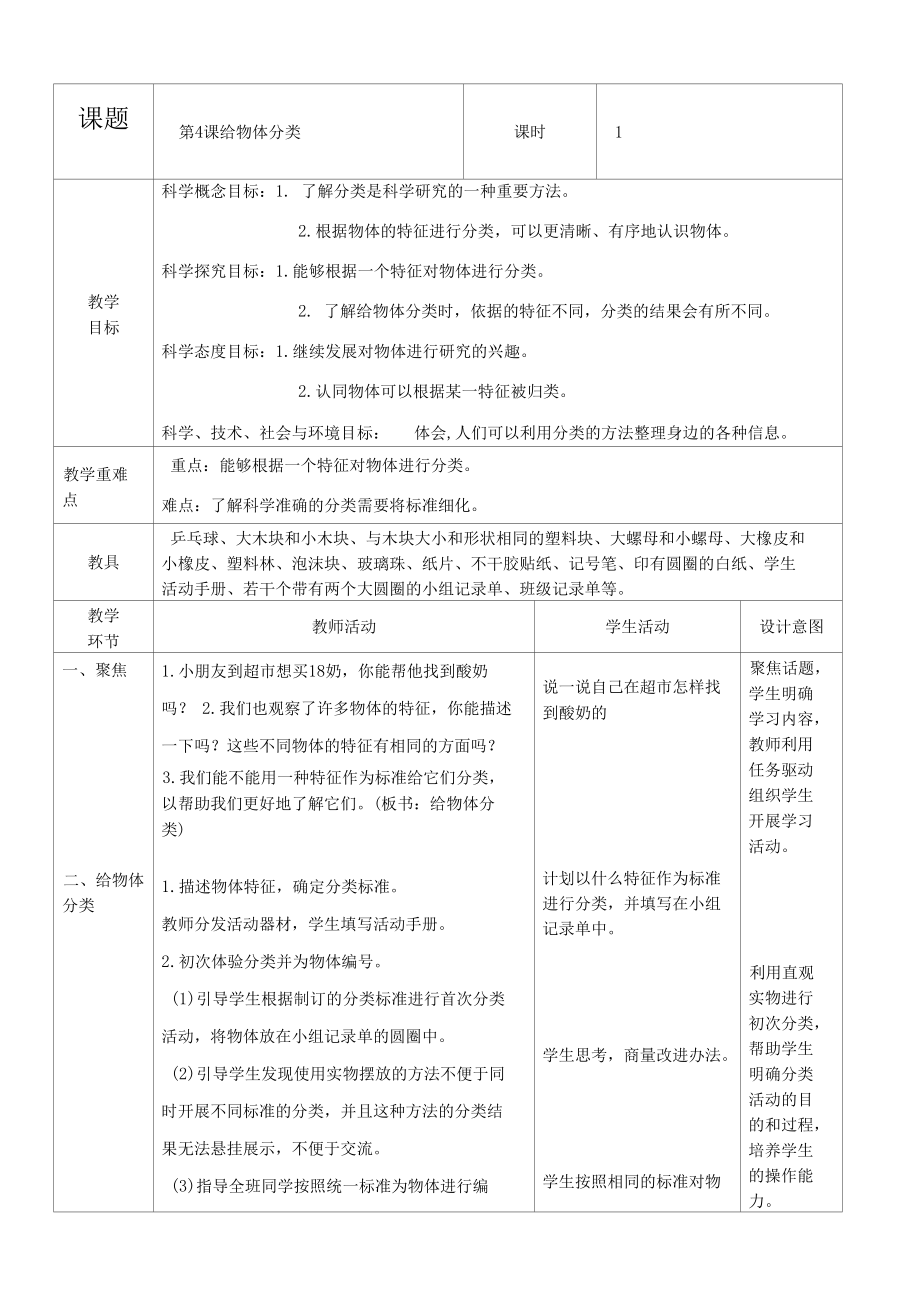 新教科版一年级下册科学《给物体分类》教学设计.docx_第1页