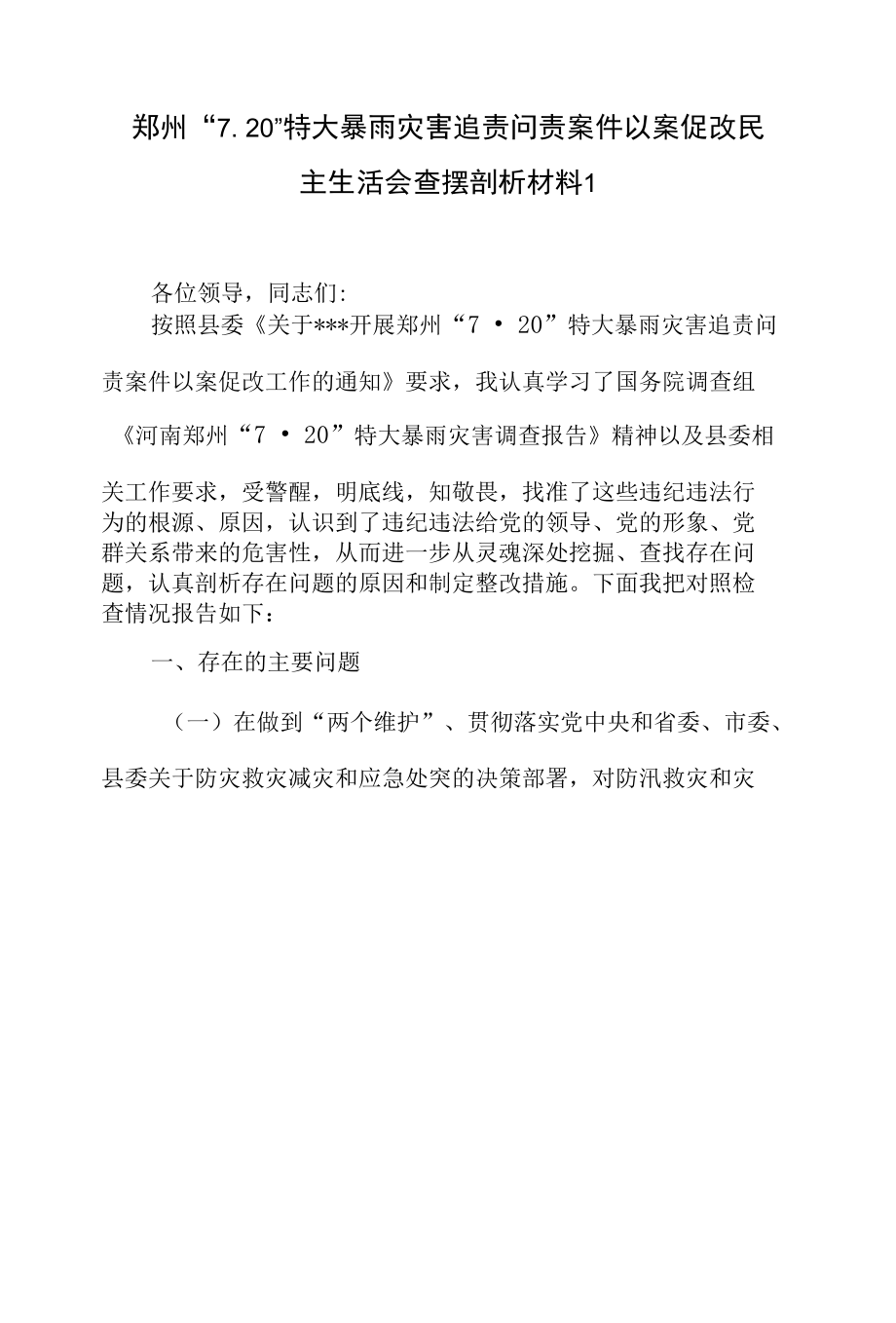 郑州720特大暴雨灾害追责问责案件以案促改专题民主生活会个人对照查摆检视剖析材料整改报告意见问题清单工作实施方案汇编.docx_第2页