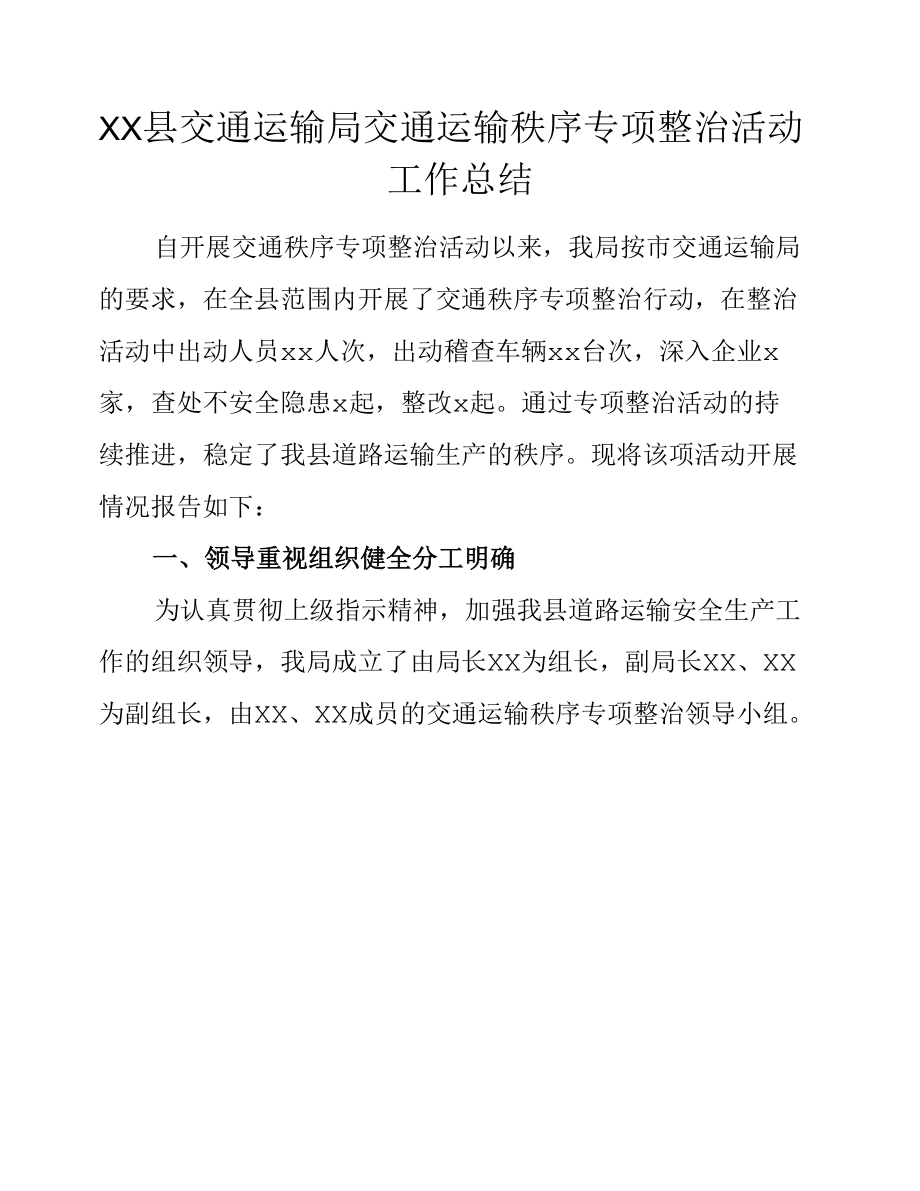 XX县交通运输局交通运输秩序专项整治活动工作总结.docx_第1页