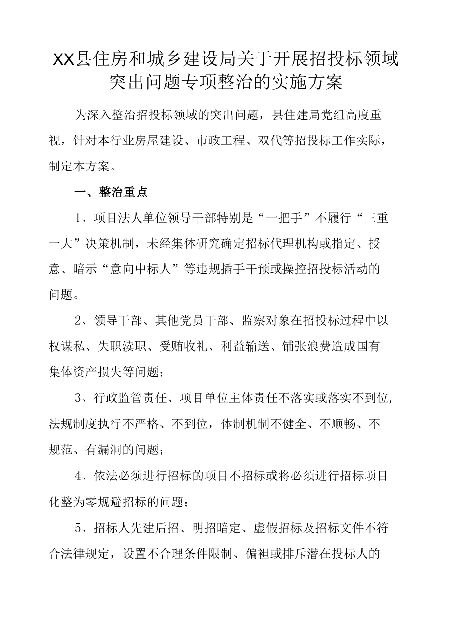 XX县住房和城乡建设局关于开展招投标领域突出问题专项整治的实施方案.docx_第1页