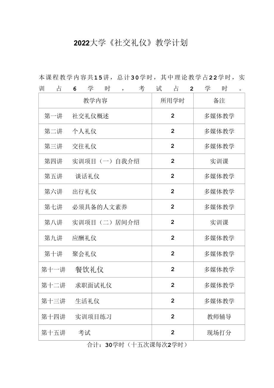 2022大学社交礼仪教学计划（实用木板）.docx_第1页