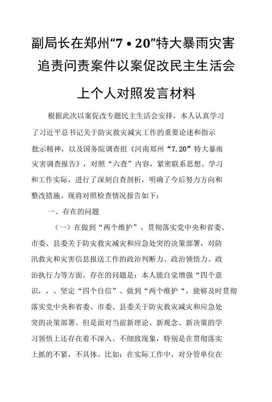 副局长在郑州“720”特大暴雨灾害追责问责案件以案促改民主生活会上个人对照发言材料.docx_第1页