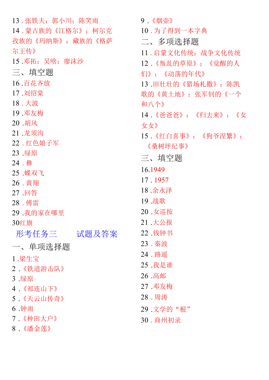 国开电大专科《中国当代文学》网上形考简化版.docx_第2页